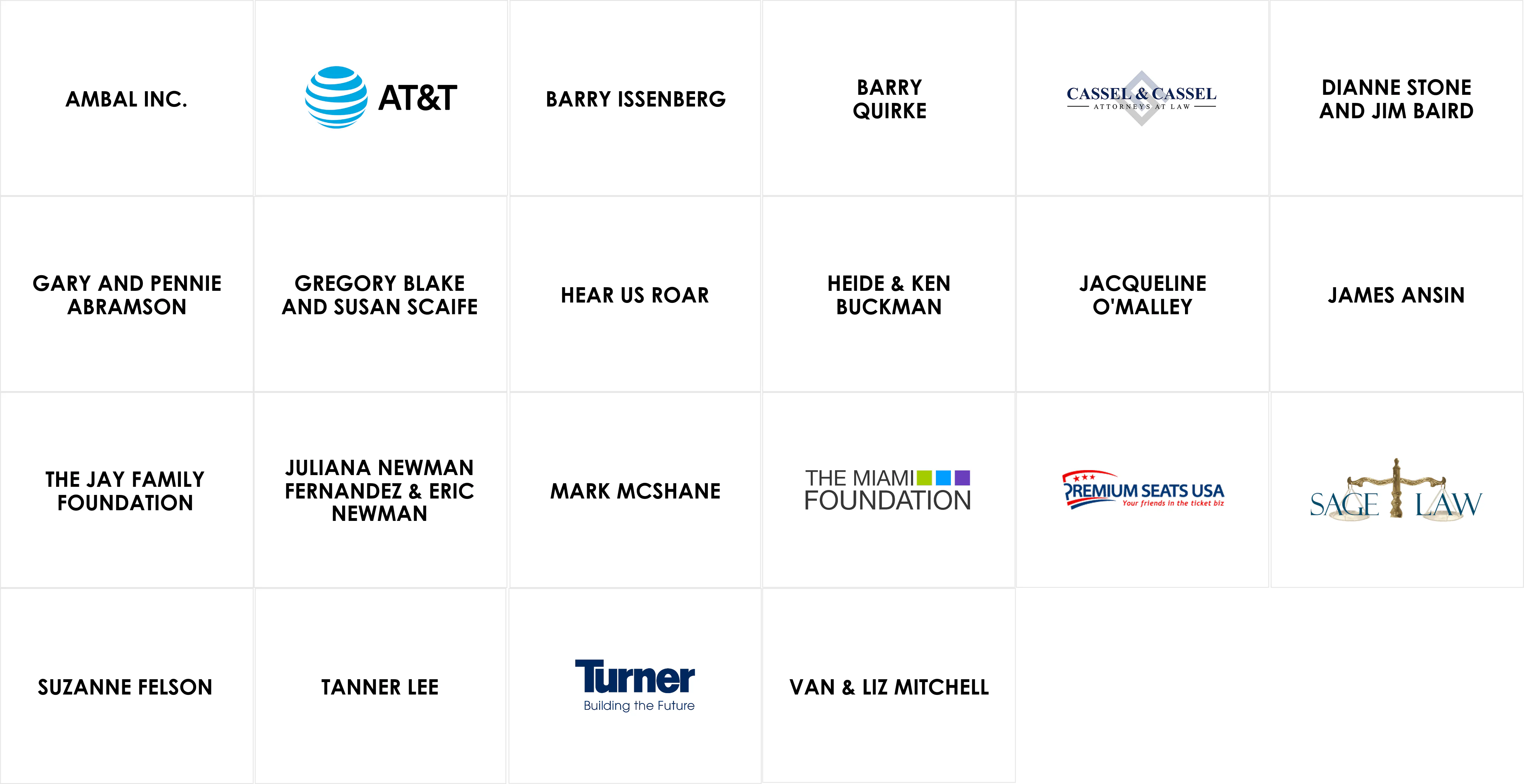 A grid of sponsor names and logos, including Ambal Inc., AT&T, Barry Issenberg, Barry Quirke, Cassel & Cassel, Dianne Stone and Jim Baird, Gary and Pennie Abramson, Gregory Blake and Susan Scaife, Hear Us Roar, Heide & Ken Buckman, Jacqueline O’Malley, James Ansin, The Jay Family Foundation, Juliana Newman Fernandez & Eric Newman, Mark McShane, The Miami Foundation, Premium Seats USA, Sage Law, Suzanne Felson, Tanner Lee, Turner, and Van & Liz Mitchell.